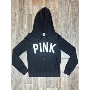 PINK Victoria's Secret Full Zip Hoodie Black Athletic Sweatshirt size‎ Large